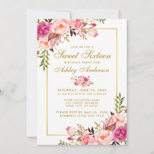 Floral Pink Blush Gold Sweet 16 Birthday Invite
