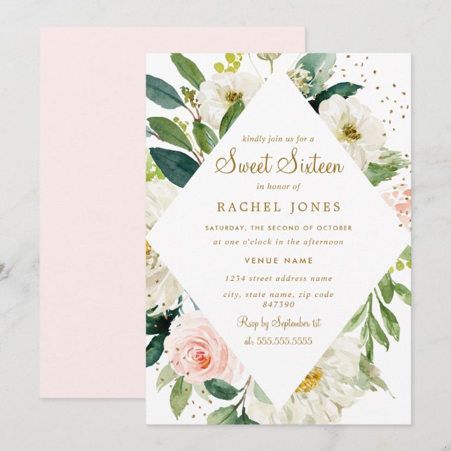 Floral Pink Blush Gold Sweet Sixteen Invite (Front/Back)