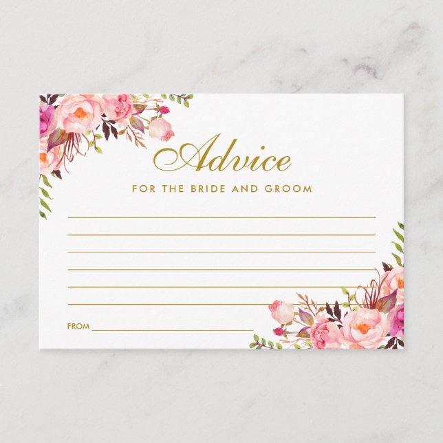 Floral Pink Blush Gold Wedding Advice Card (Front)