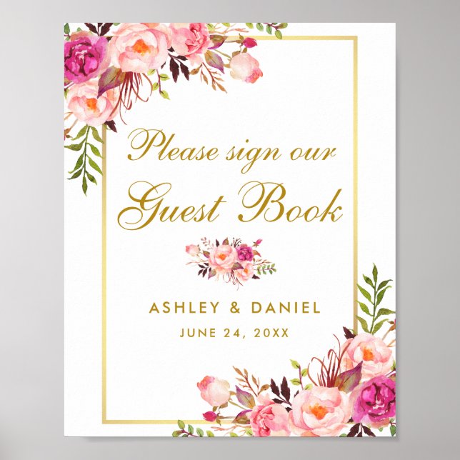 Floral Pink Blush Gold Wedding Guest Book (Front)