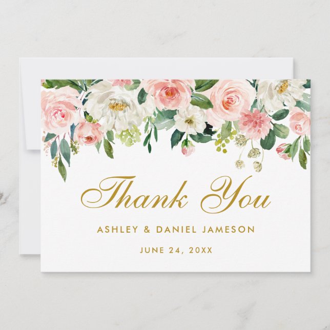 Floral Pink Blush Gold Wedding Thank You (Front)