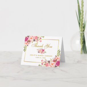 Floral Pink Blush Gold Wedding Thanks Note Thank You Card