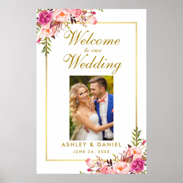 Floral Pink Blush Gold Wedding Welcome Photo Poster (Front)