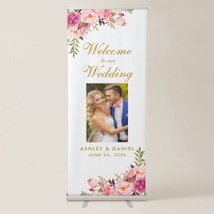 Floral Pink Blush Gold Wedding Welcome Photo Retractable Banner