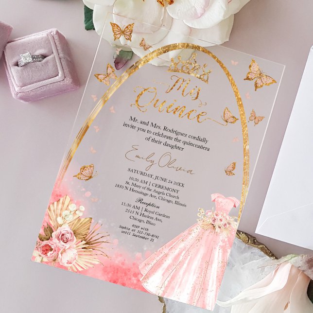 Floral Pink Blush Gown Quinceanera Acrylic Invitations (Creator Uploaded)