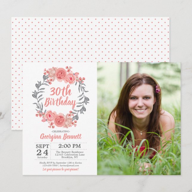 Floral Pink Blush Grey Any Age Photo Birthday Invitation (Front/Back)