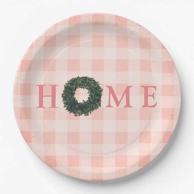 Floral Pink Blush “HOME” Typography Farmhouse Paper Plate (Front)