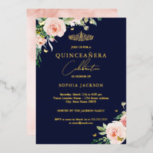 Floral Pink Blush Navy Quinceanera Birthday