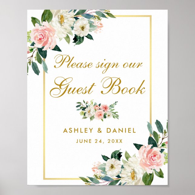 Floral Pink Blush Wedding Gold Guest Book (Front)