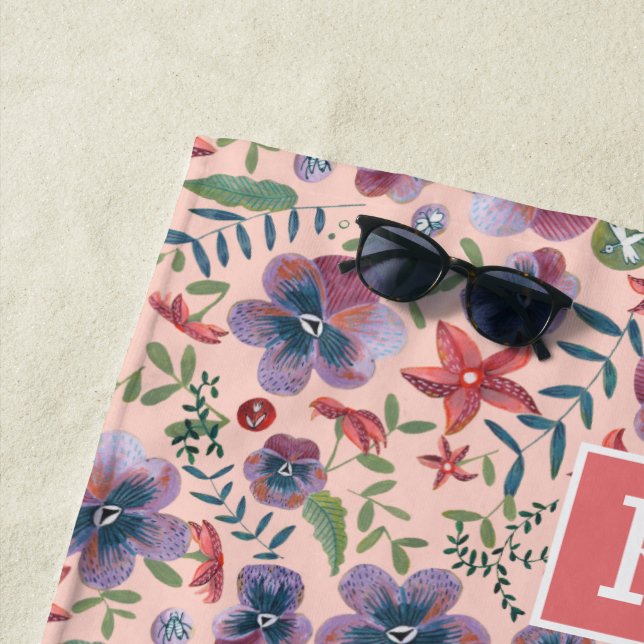 Floral pink boho all-over print monogram beach towel (In Situ)