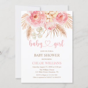 Floral Pink Boho Pampas Baby Girl Invit Invitation