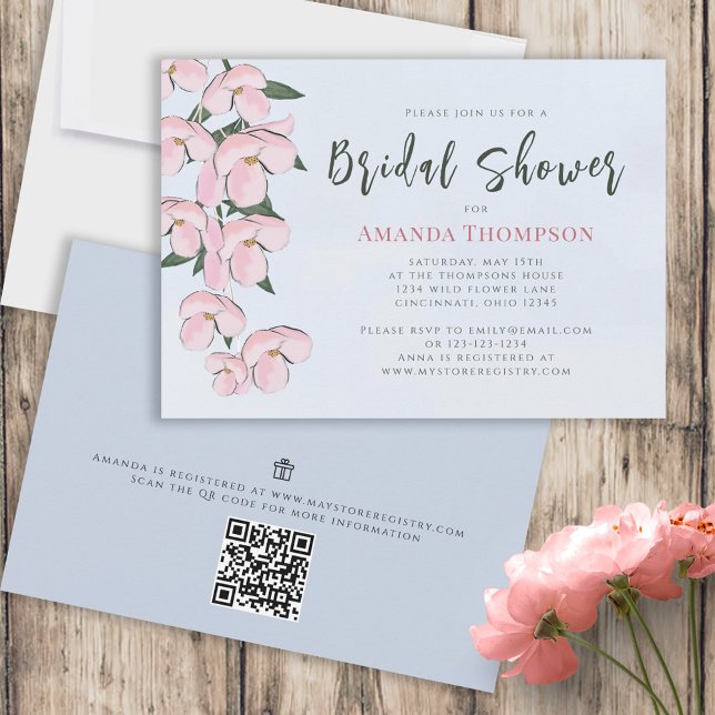 Floral Pink Botanical Cherry Blossoms QR Code Invitation (Creator Uploaded)