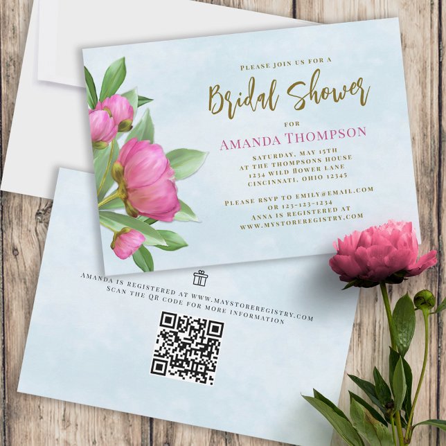 Floral Pink Botanical Elegant Peonies QR Code Invitation (Creator Uploaded)