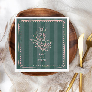 Floral Pink Bouquet Green Stripe Wedding Napkin