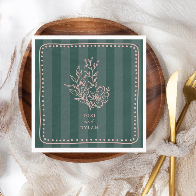 Floral Pink Bouquet Green Stripe Wedding Napkin (Creator Uploaded)