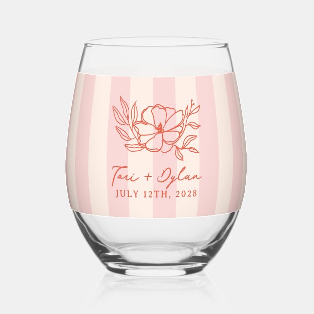 Floral Pink Bouquet Stripe Wedding Stemless Wine Glass (Front)