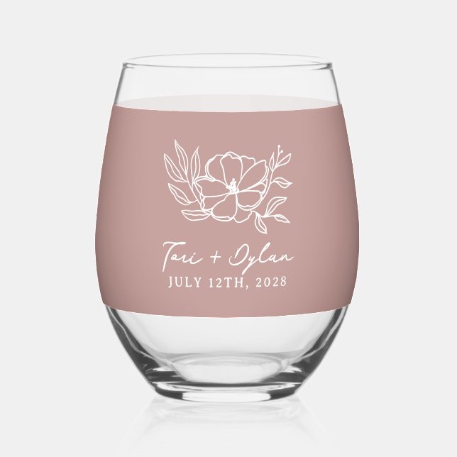 Floral Pink Bouquet Wedding Stemless Wine Glass (Front)