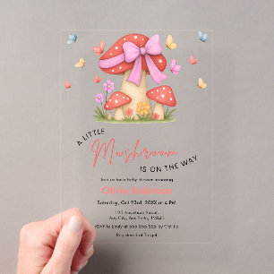 Floral Pink Bow A Little Mushroom Baby Shower Acrylic Invitations