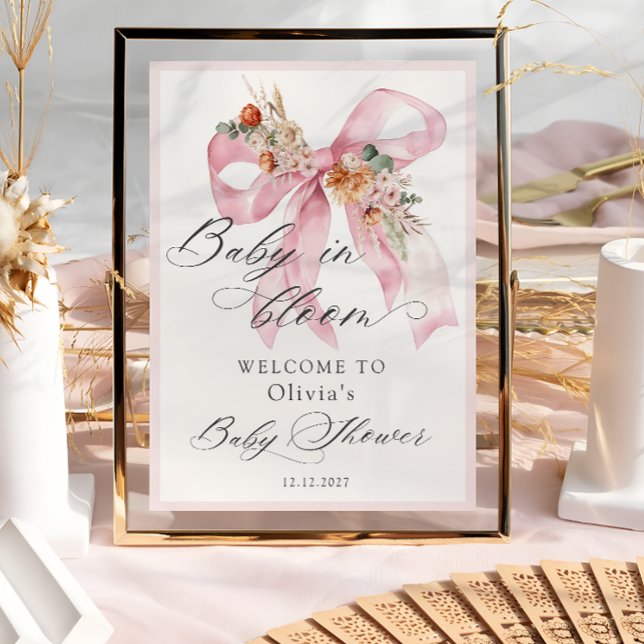 Floral Pink Bow Baby in Bloom Baby Shower Welcome Poster (Creator Uploaded)