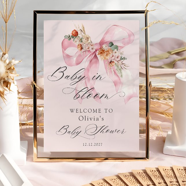 Floral Pink Bow Baby in Bloom Baby Shower Welcome Poster (Creator Uploaded)