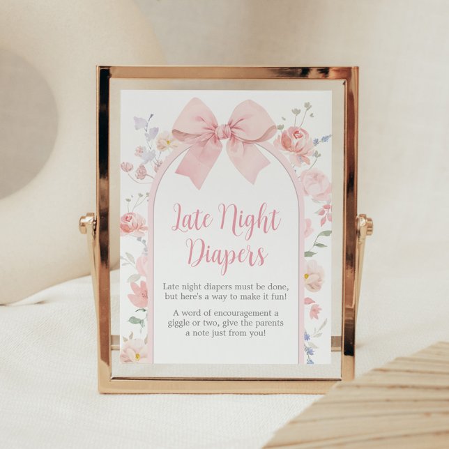 Floral Pink Bow Baby in Bloom Late Night Diapers Poster (Pink Bow Baby in Bloom Baby Shower Late Night Diapers Sign)