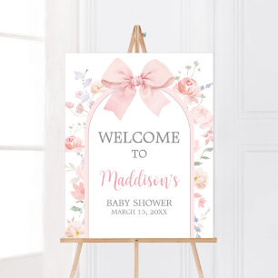 Floral Pink Bow Baby in Bloom Welcome Sign