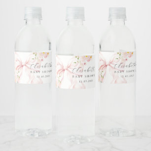Floral Pink Bow Baby Shower Favor Bag Water Bottle Label
