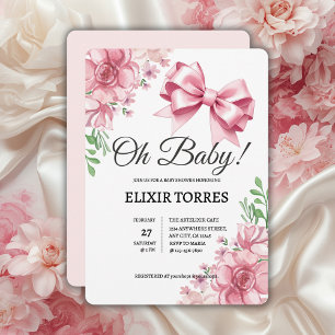 Floral Pink Bow Baby Shower Invitation