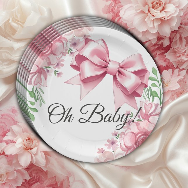 Floral Pink Bow Baby Shower Paper Plate (Creator Uploaded)