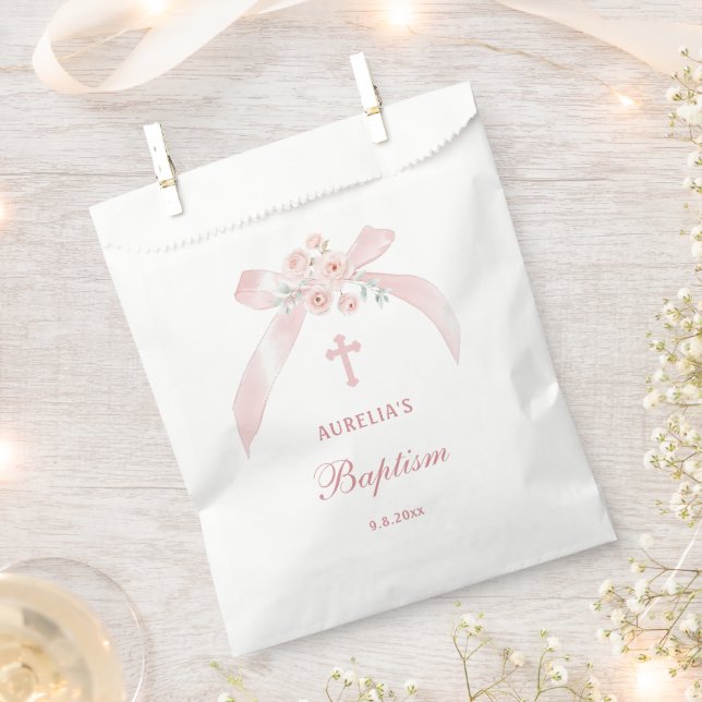 Floral Pink Bow Baptism Favour Bags (Clipped)