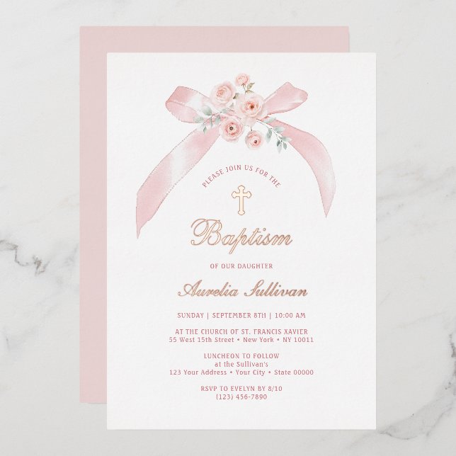 Floral Pink Bow Baptism Foil Invitation (Front/Back)