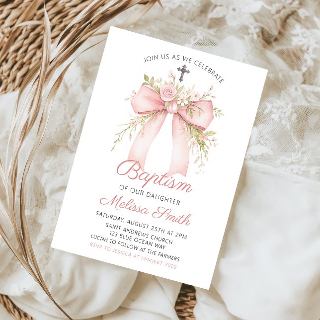 Floral Pink Bow Baptism Invitation (Creator Uploaded)
