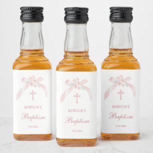 Floral Pink Bow Baptism Mini Liquor Bottle Label