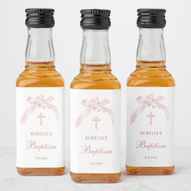 Floral Pink Bow Baptism Mini Liquor Bottle Label (Bottles)