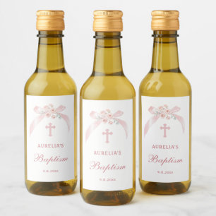 Floral Pink Bow Baptism Mini Wine Label
