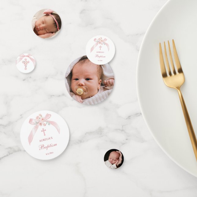 Floral Pink Bow Baptism Table Confetti (Group)