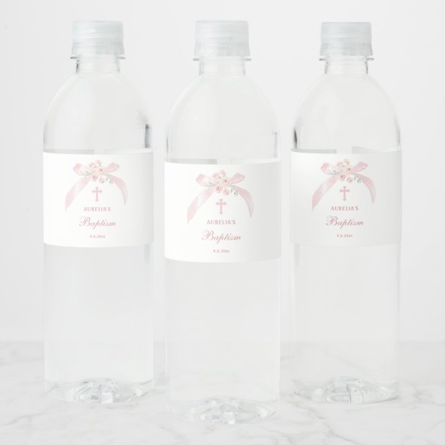 Floral Pink Bow Baptism Water Bottle Label (Bottles)
