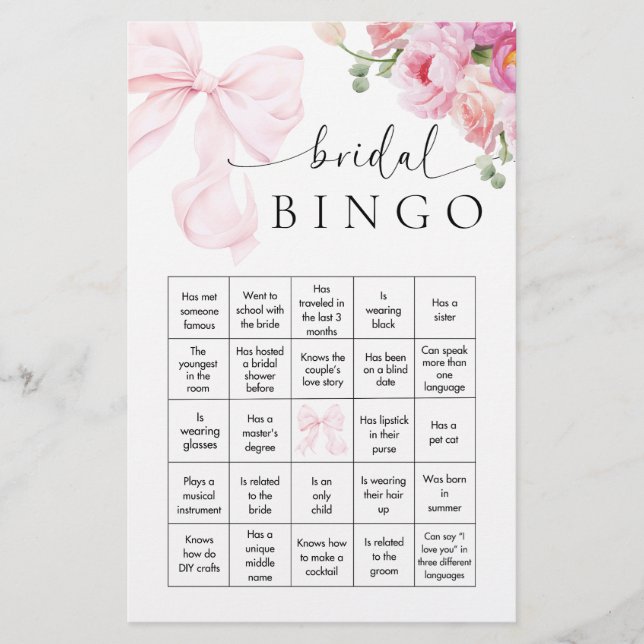 Floral Pink Bow Bridal Shower Bingo Game Stationery (Front)