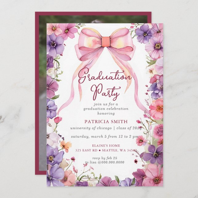 Floral Pink Bow Coquette Photo Graduation Party Invitation (Front/Back)
