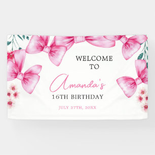 Floral Pink Bow Coquette Sweet 16 Birthday Banner