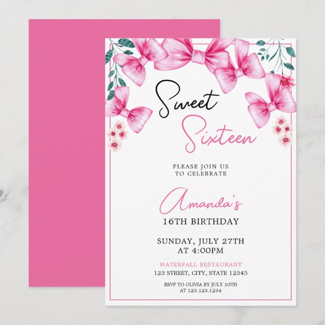 Floral Pink Bow Coquette Sweet 16 Birthday Invitation (Front/Back)