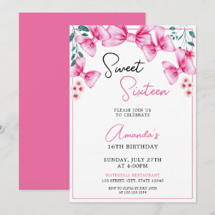 Floral Pink Bow Coquette Sweet 16 Birthday Invitation