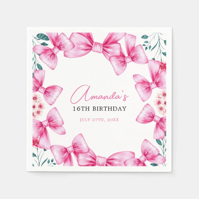 Floral Pink Bow Coquette Sweet 16 Birthday Napkin (Front)