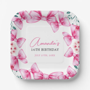 Floral Pink Bow Coquette Sweet 16 Birthday Paper Plate
