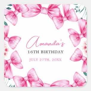 Floral Pink Bow Coquette Sweet 16 Birthday Square Sticker