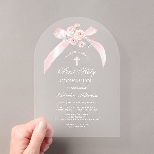 Floral Pink Bow First Holy Communion Acrylic Invitations