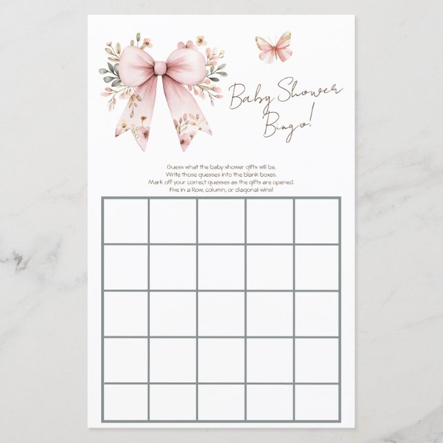 Floral Pink Bow Girl Baby Shower Bingo (Front)