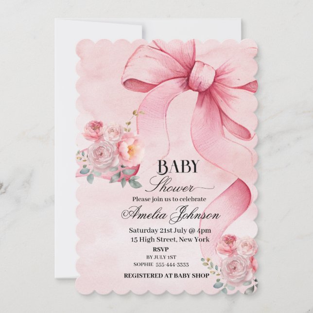 Floral Pink  Bow Girl Baby Shower Invitation (Front)