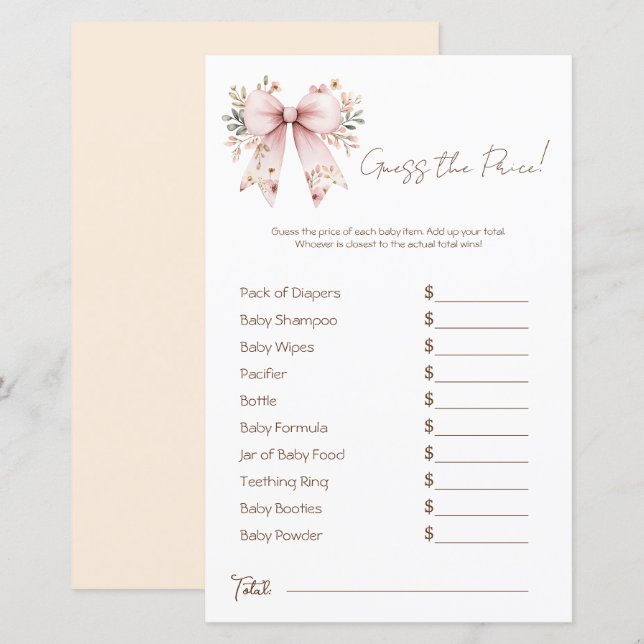 Floral Pink Bow Girl Baby Shower Price Guess (Front/Back)