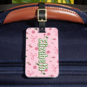 Floral Pink Bow Girl Personalised School Bag Tag